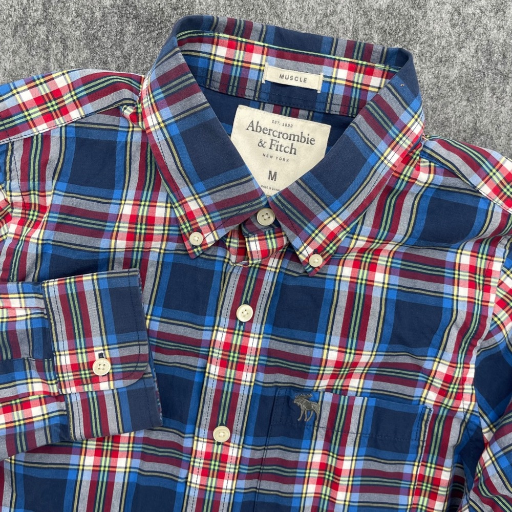 Abercrombie & Fitch Shirt Mens Medium Muscle Fit Plaid Button Down Navy Blue